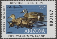 Scan of 1991 Arizona Duck Stamp Governor's Edition MNH VF