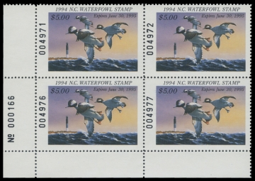 Scan of 1994 North Carolina Duck Stamp. Plate Block