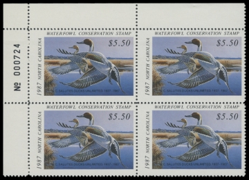 Scan of 1987 North Carolina Duck Stamps. Plate Block of 4