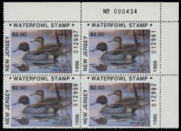 Scan of 1986 New Jersey Duck Stamps. Plate Block of 4
