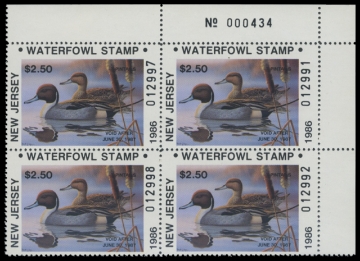 Scan of 1986 New Jersey Duck Stamps. Plate Block of 4