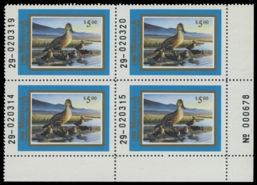 Scan of 1988 Montana Duck Stamps. Plate Block of 4