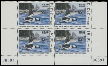 Scan of 1987 Maine Duck Stamps. Plate Block of 4