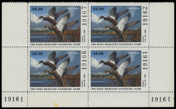 Scan of 1984 Maine Duck Stamp - First of State. Plate Block of 4