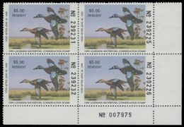 Scan of 1990 Louisiana Duck Stamps. Plate Block of 4