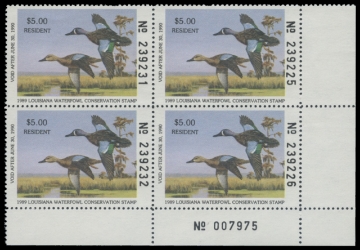 Scan of 1990 Louisiana Duck Stamps. Plate Block of 4