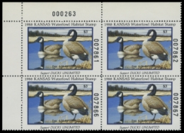 Scan of 1988 Kansas Duck Stamps. Plate Block of 4