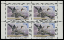 Scan of 1987 Kansas Duck Stamp - First of State. Plate Block of 4