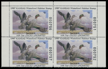 Scan of 1987 Kansas Duck Stamp - First of State. Plate Block of 4