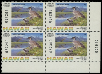 Scan of 1996 Hawaii Duck Stamp - First of State. Block of 4