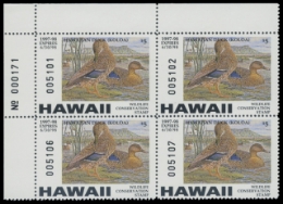 Scan of 1997 Hawaii Duck Stamp. Plate Block of 4