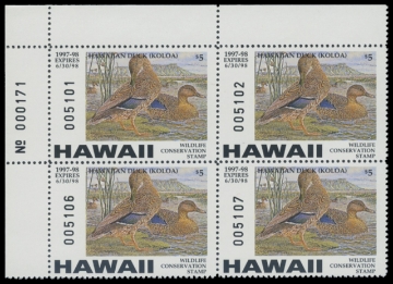 Scan of 1997 Hawaii Duck Stamp. Plate Block of 4