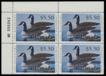 Scan of 1987 Georgia Duck Stamps. Plate Block of 4
