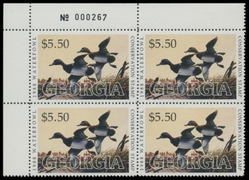 Scan of 1988 Georgia Duck Stamps. Plate Block of 4