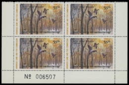 Scan of 1986 Arkansas Duck Stamps. Plate Block of 4