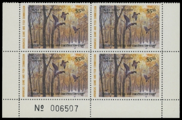 Scan of 1986 Arkansas Duck Stamps. Plate Block of 4