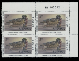 Scan of 1998 Arizona Duck Stamps. Plate Block of 4