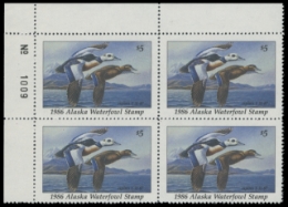 Scan of 1986 Alaska Duck Stamps. Plate Block of 4