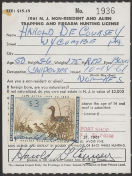 Picture of RW28 1961 Duck Stamp  Used on NJ License F-VF