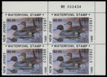 Picture of 1986 New Jersey Duck Stamps. Plate Block of 4